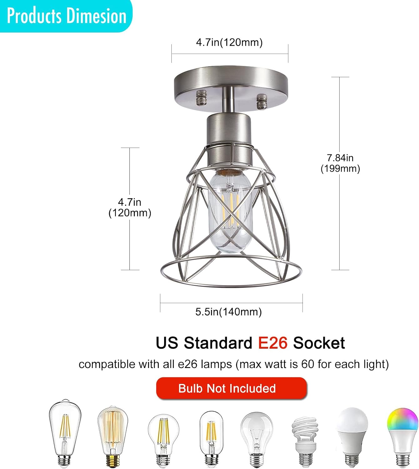 1 Light Semi Flush Mount Ceiling Light Fixture, Rustic Modern Framhouse Brushed Nickel Kitchen Ceiling Light with Metal Cage Shade for Foyer Kitchen Hallway Entryway Bedroom(1 Pack)
