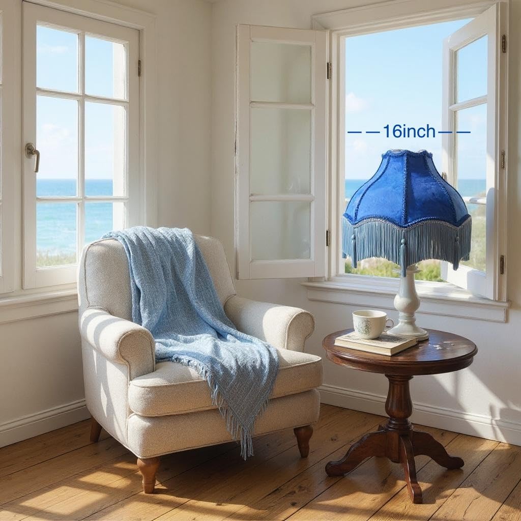 Tristan Home Premium Classic Victorian Style Bell Shape Scallop Large Velvet Lamp Shade with Tassels and Fringe, 14inch Width 11inch Height, (Ocean Blue), Medium