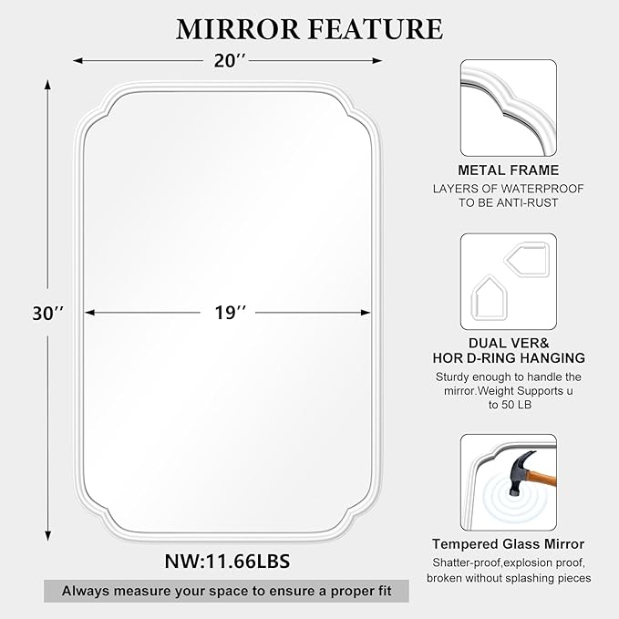 White Bathroom Mirror for Wall 20×30 Inch - Image 4