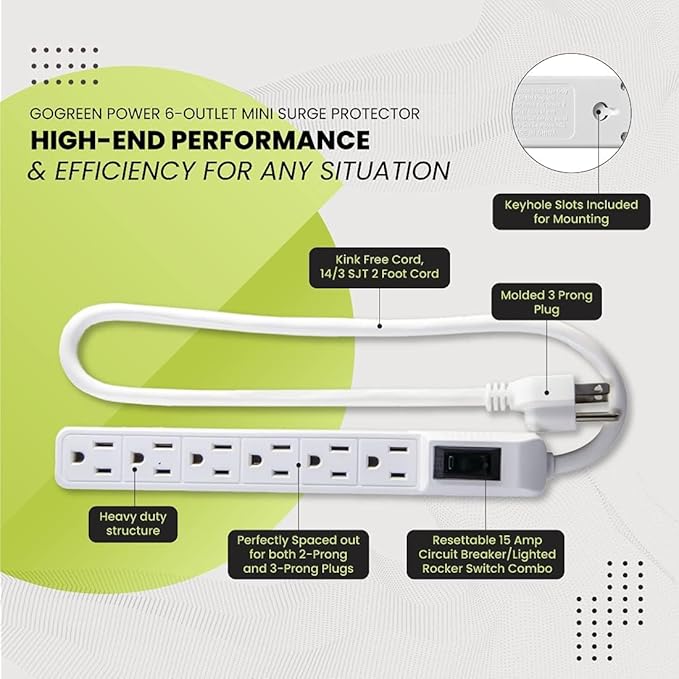 GoGreen Power Inc. 6 Outlet Surge Protector, 2FT Cord, 2 Pack - Image 5
