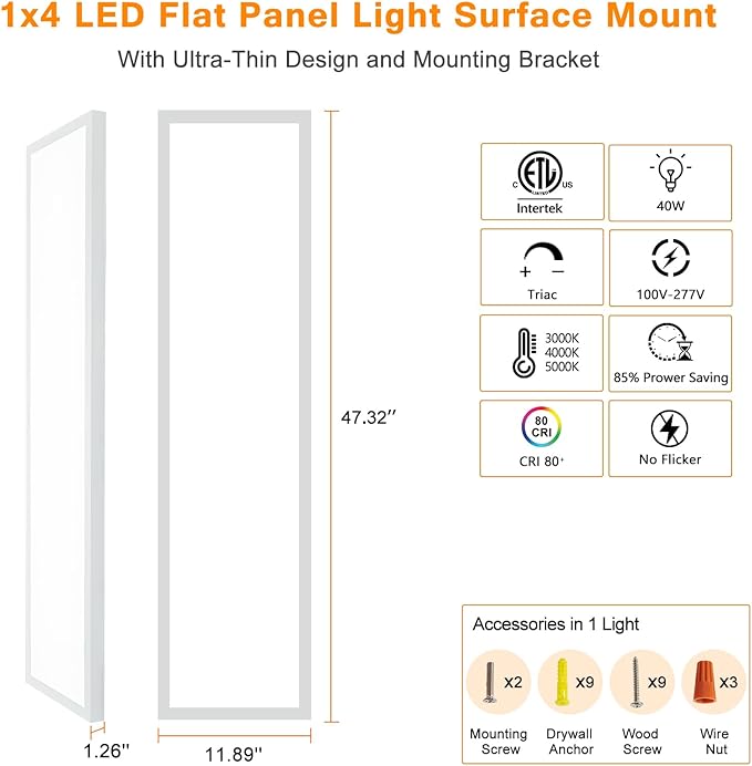 Mcacggo 1x4 LED Flat Panel Light Surface Mount, 3000K-4000K-5000K Selectable & - Image 7