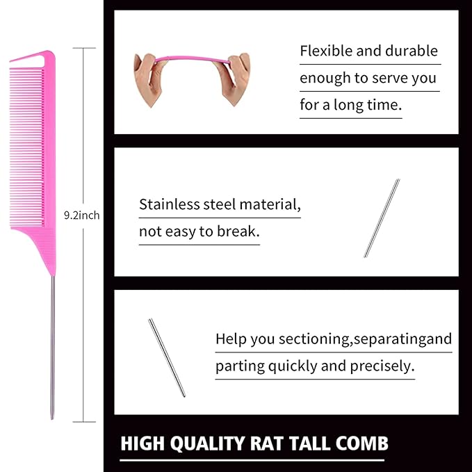 3 Pieces Hair Styling Comb Set Teasing Brush Rat Tail Comb Edge Brush - Image 4