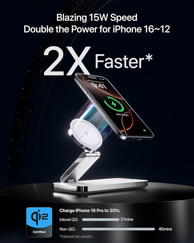 Intoval 3-in-1 Foldable Wireless Charging Station, Qi2 Certified 15W Ultra Fast - Image 2