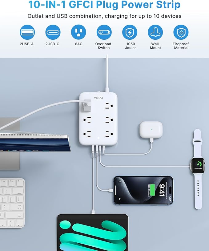2 Prong GFCI Power Strip, VINTAR 2 Prong to 3 Prong GFCI Plug Adapter, 6ft - Image 5