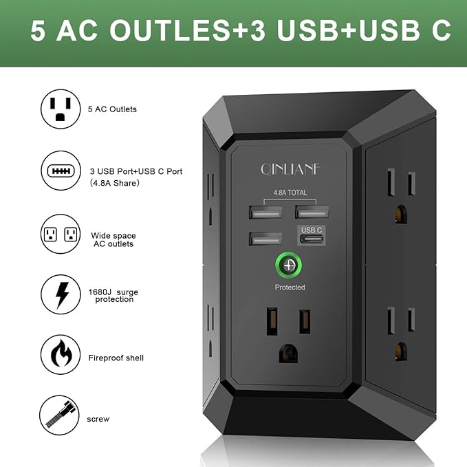USB Wall Charger, Surge Protector, QINLIANF 5 Outlet Extender - Image 2