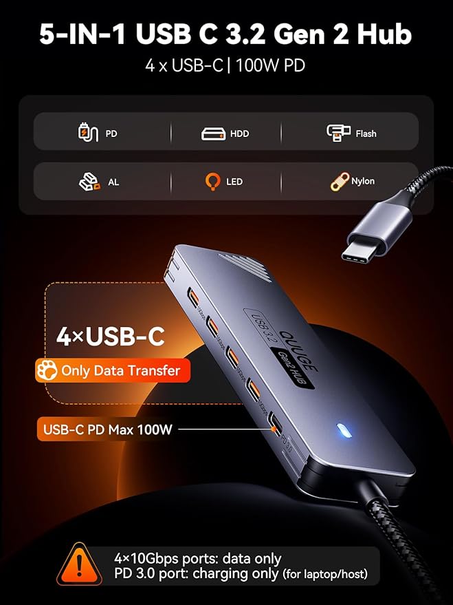 USB C Hub 10Gbps, QUUGE 5-in-1 USB Splitter - Image 2
