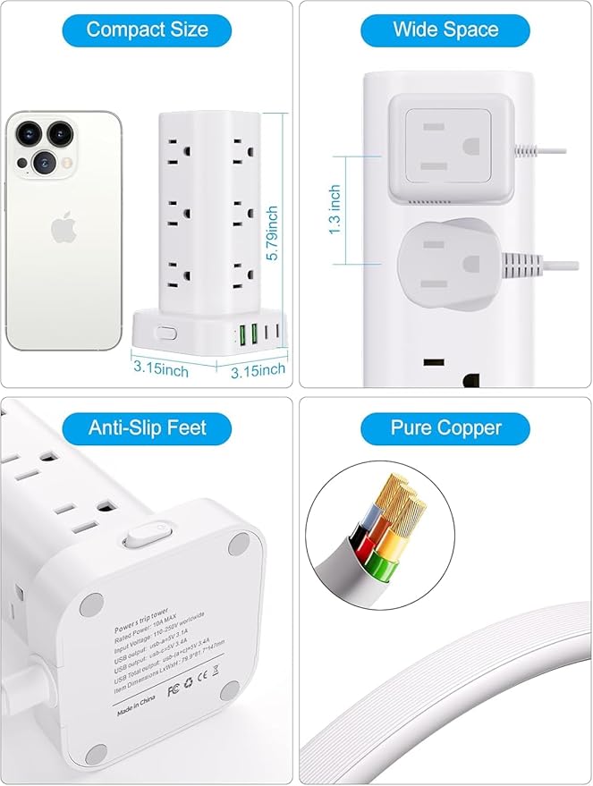 Power Strip Tower with Wireless Charger, Flat Plug Surge Protector Tower with - Image 7