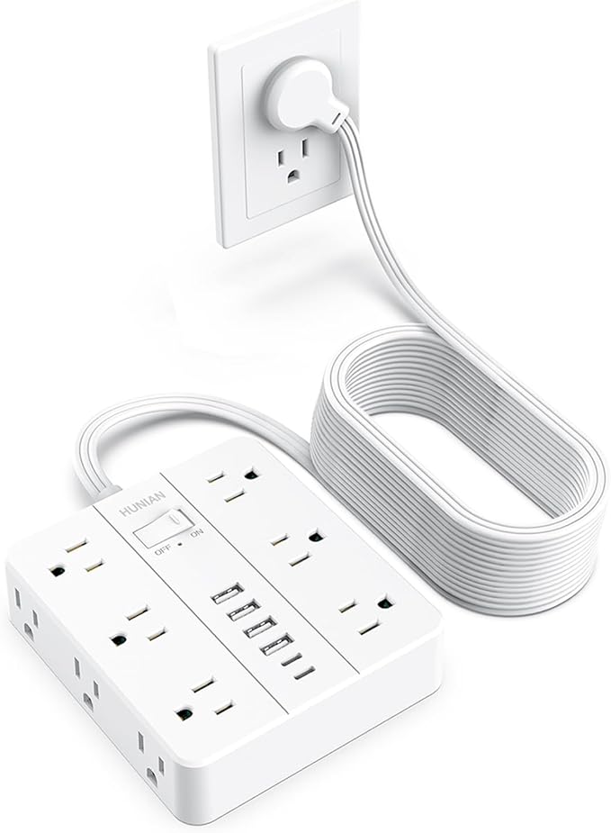 Extension Cord 25 Ft, HUNIAN Flat Plug Power Strip Surge Protector, 12 Widely by HUNIAN