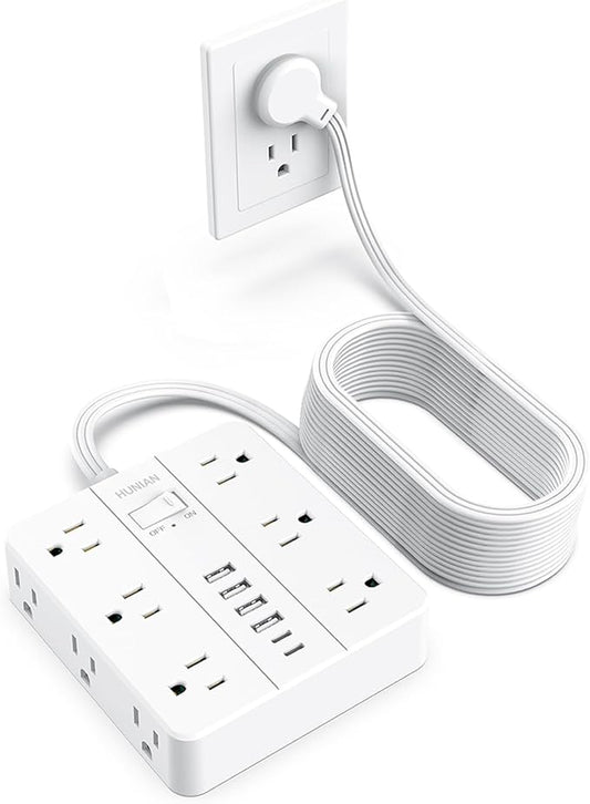 Extension Cord 25 Ft, HUNIAN Flat Plug Power Strip Surge Protector, 12 Widely by HUNIAN