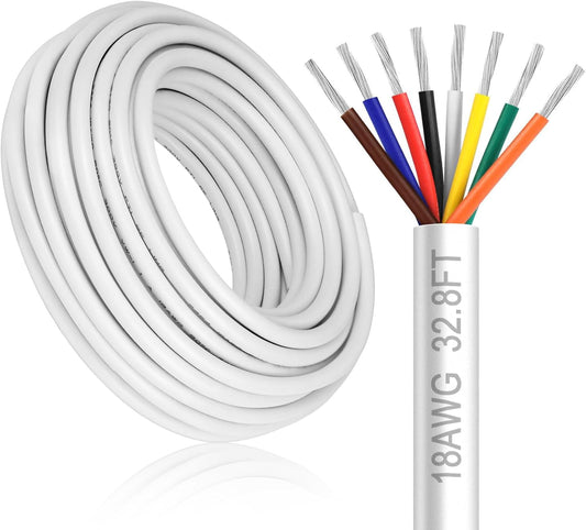 18 Gauge 8 Conductor Electrical Wire, 32.8FT White Stranded Low Voltage 18/8