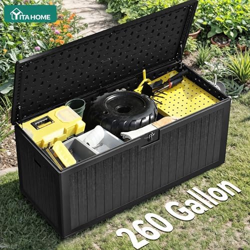 yitahome 260 gallon large deck box with divider shown in use