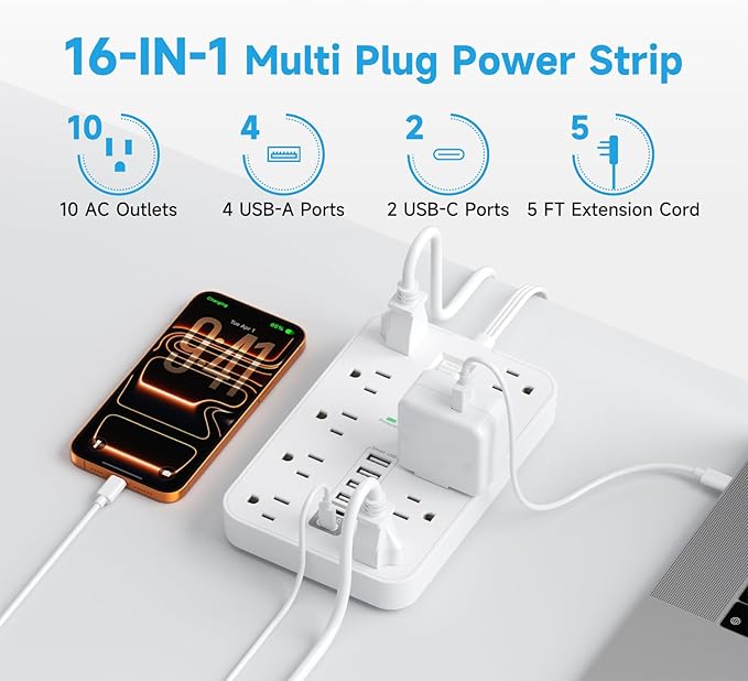 Flat Extension Cord with USB and USBC Ports, 5FT Extension Cord with 10 AC - Image 2
