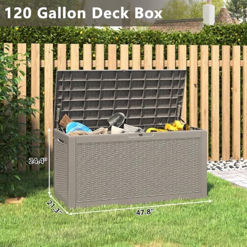 120 gal outdoor storage box waterproof lockable,deck box,gas shown in use