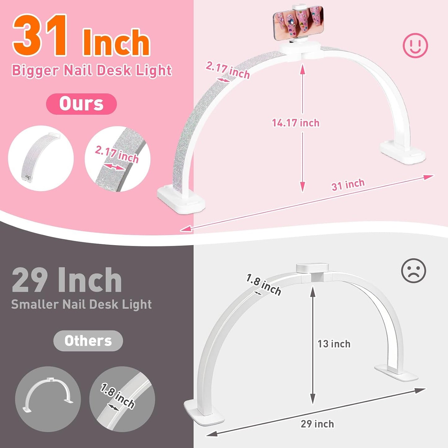 HITTI 31in Half Moon Light for Nail Desk, Foldable, Crystal Diamond | Phone Stand, LED Brightness and Color, 48W, Arch Nail Tech Table Lamp for Manicure, Craft, Art, Eyelash Extension