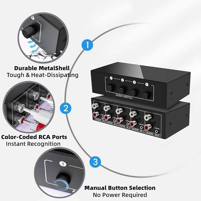 3.5mm Aux + RCA L/R Bi-Directional Stereo Audio Switch 4 in 1 Out A/B Analog - Image 7