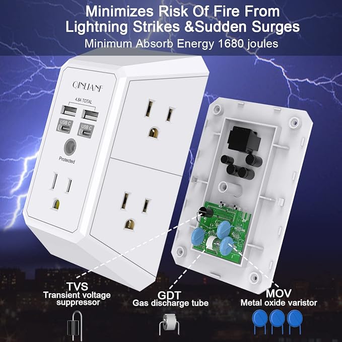 USB Wall Charger, Surge Protector, QINLIANF 5 Outlet Extender - Image 5