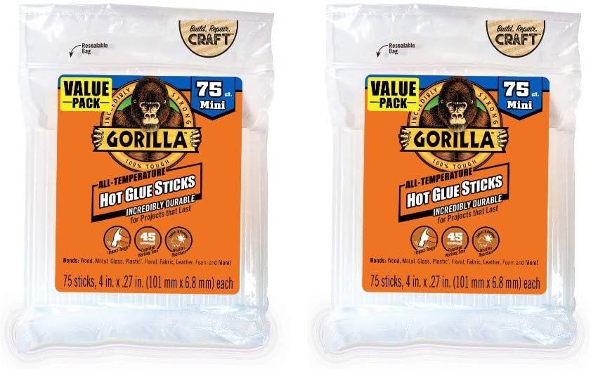 Gorilla Hot Glue Sticks, Clear, Mini 4" x 0.27", 75 Count, 2-Pack | Extended Working Time, Safe for All Temperatures, Bonds Wood, Plastic, and Metal