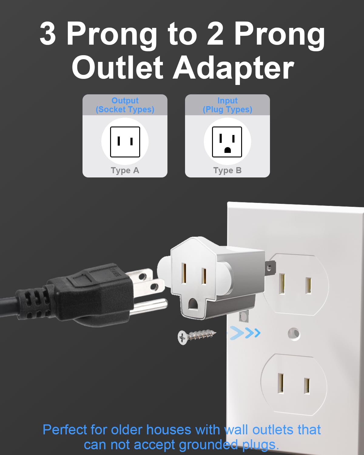 Portable 3 Prong to 2 Prong Outlet Adapter, Fireproof 392℉ 3-2 Prong Adapter Converter, Heavy Duty Wall Plug Adapter for Household Appliances Industrial, 1875W Max, 4 Packs