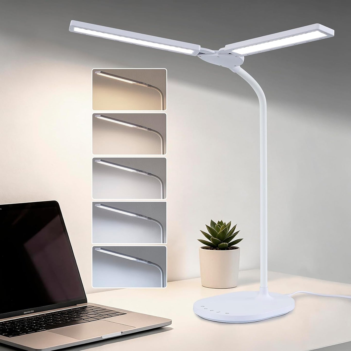 LED Desk Lamp, 2400 Lux Bright Desk Lamp for Home Office, Dual Head Adjustable Desk Lamp with 5 Color Modes, Stepless Dimming, 360° Gooseneck, Auto Timer, Eye Caring Task Light