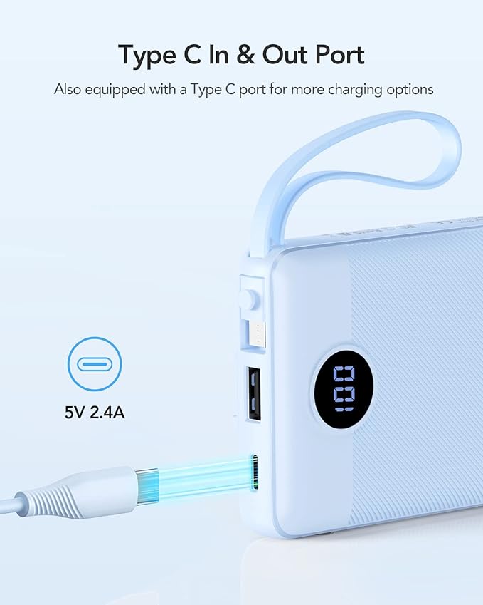 VRURC 10000mAh Power Bank Built-in Cables, Portable Charger - Image 4