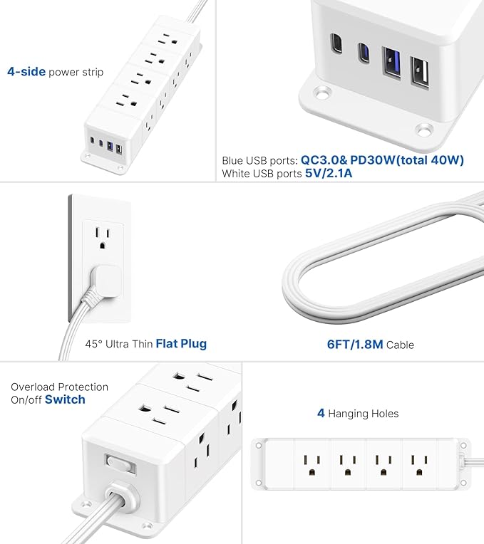 30W USB C Power Strip Surge Protector, Ultra Thin Flat Plug Power Strip 4 Side - Image 8