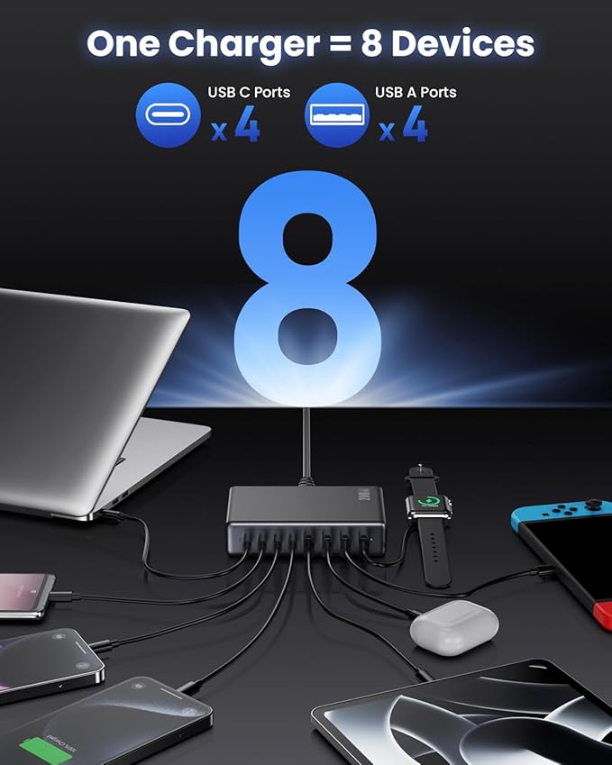200W USB C Charger Block, GaN IV Charging Station 8 Ports, QC4.0 Fast Charging - Image 4