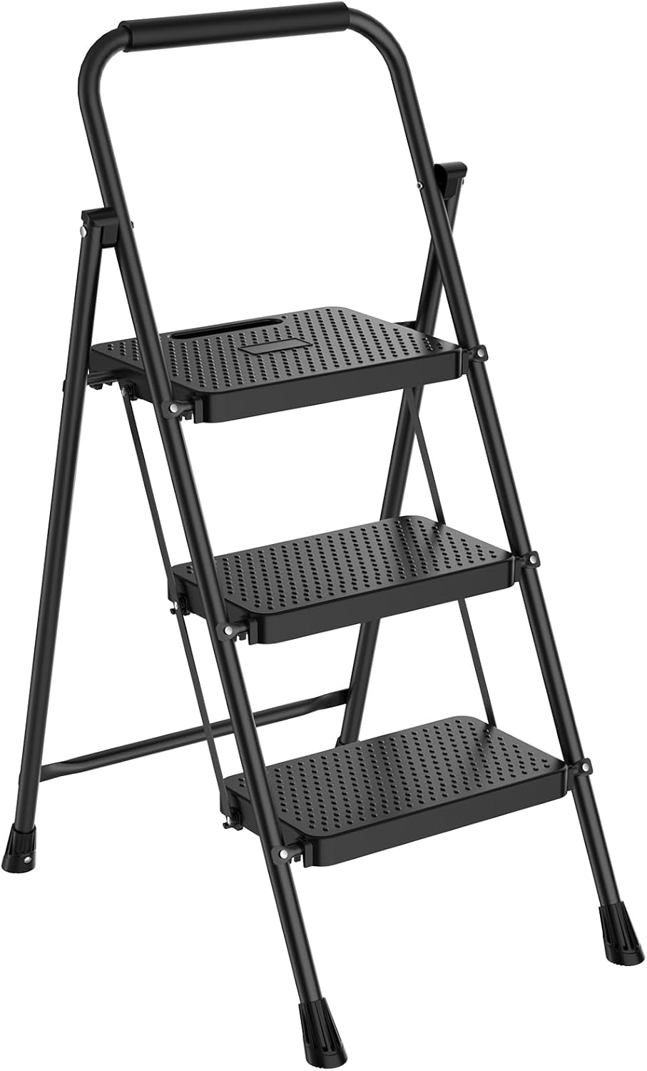 NEWBULIG 3 Step Ladder, Foldable Step Stool with Safety Lock | Lightweight Portable Steel Stool with Anti-Slip Rubber Feet ,for Home Office Garage, Black