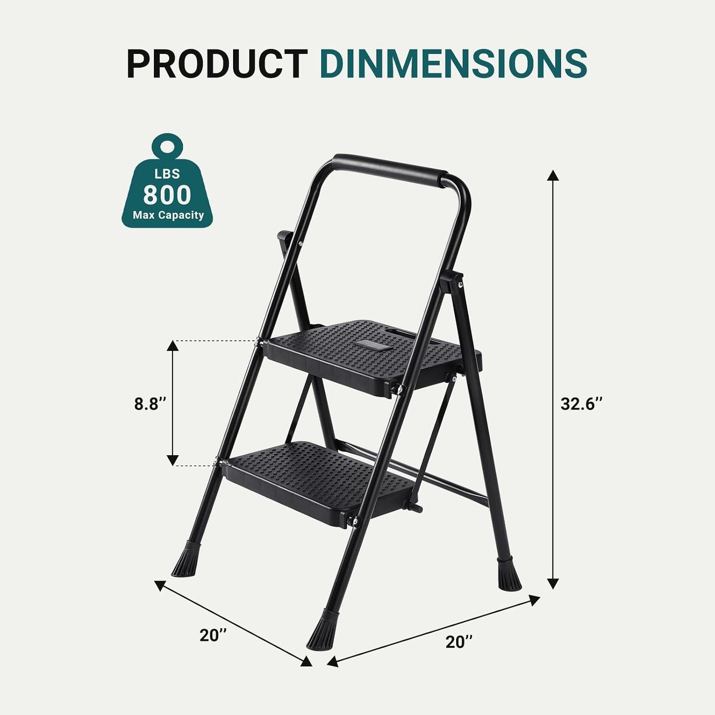 DUMOS Step Ladder, 2 Sturdy Step Stool with Anti-Slip Pedal & Comfortable Handrail, Portable Heavy Duty Stool for Kitchen, Garage & Outdoor Use, 800lbs, Black