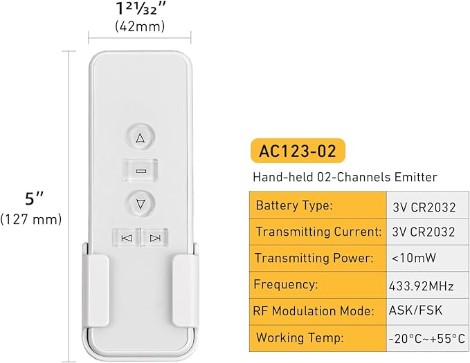 AC123-02 2 Channel Controller, RF433.92 Transmitter, Motorized Roller Shade - Image 2