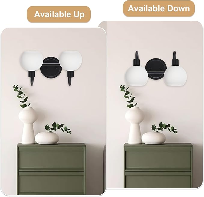 WINSHEN 2-Light Black Bathroom Light Fixture, Milk White Globe Wall Sconce Lamp - Image 4