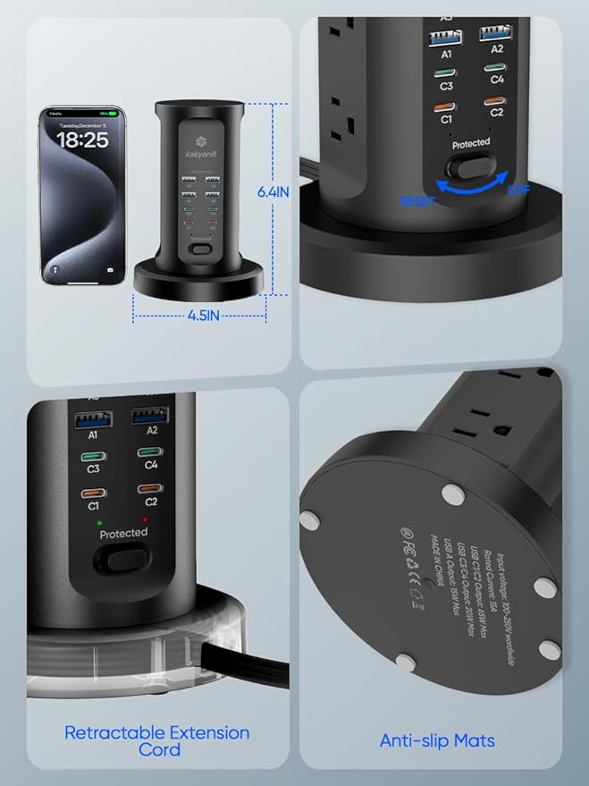 Kakyanill 115W USB Charging Station, Surge Protector Power Strip Tower - Image 7