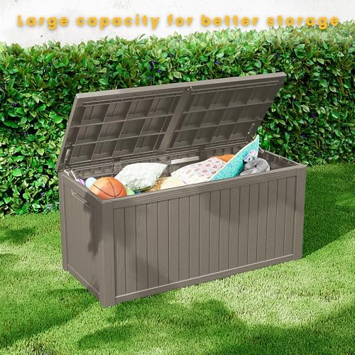 outdoor storage box waterproof, 150 gallon lockable resin, front angle view