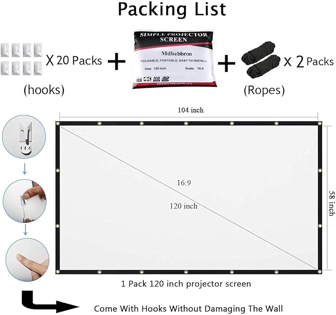 Mdbebbron 120 inch Projector Screen 16:9 Foldable Anti-Crease Portable - Image 4