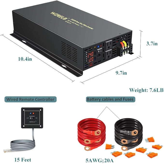 WZRELB 3500W 24VDC 120VAC Pure Sine Wave Power Inverter, 2 AC Outlets, Wired - Image 7