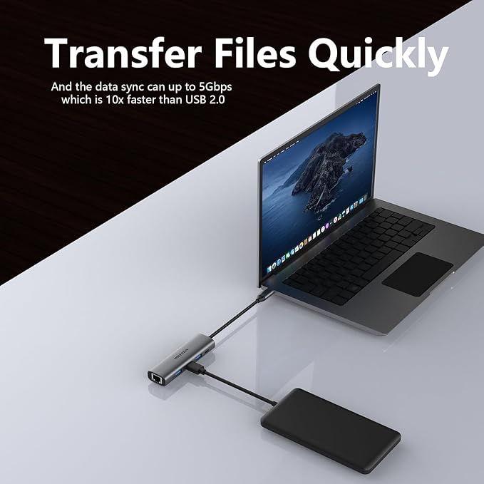 DIKEQINN USB 3.0 Hub with Gigabit Ethernet, 3-Port USB-A 5Gbps + USB-C Power - Image 4