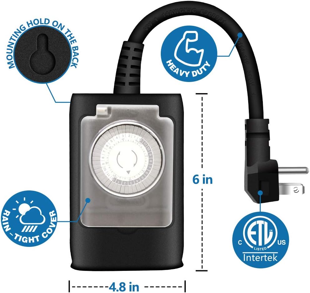 KASONIC Outdoor Light Timer Outlet, 24 Hour Mechanical Plug in Timer Switch | Heavy Duty Waterproof 2 Grounded Outlet for Home Garden Pool Pump, ETL Listed