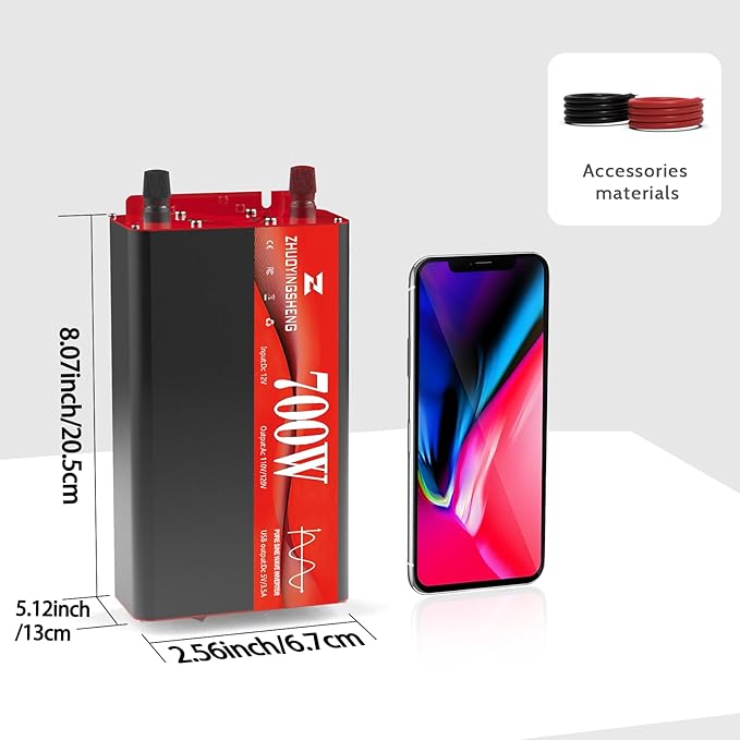700W Pure Sine Wave Inverter 12V DC to 120V AC – 1400W Peak, Power Inverter - Image 6