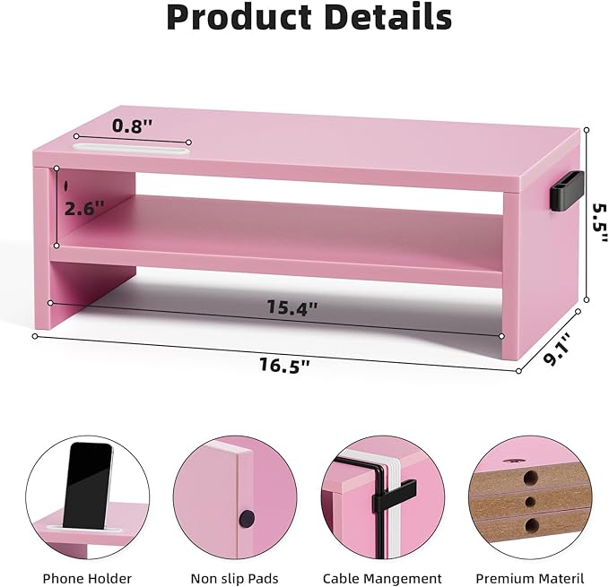 Marbrasse Monitor Stand Riser, 16.5 Inch 2 Tier Computer Printer Shelf Stand - Image 3