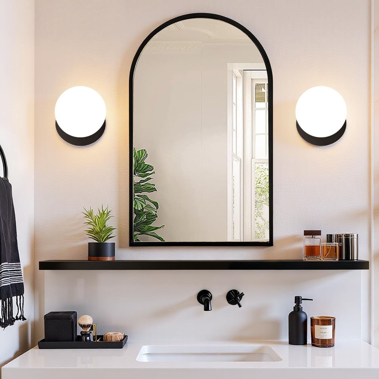 2 Pack Modern Matte Black Wall Light Fixtures, Mid-Century Globe Glass Wall Sconces Set of Two for Bathroom Mirror, Living Room, Hallway, Entryway (Bulbs Not Included)
