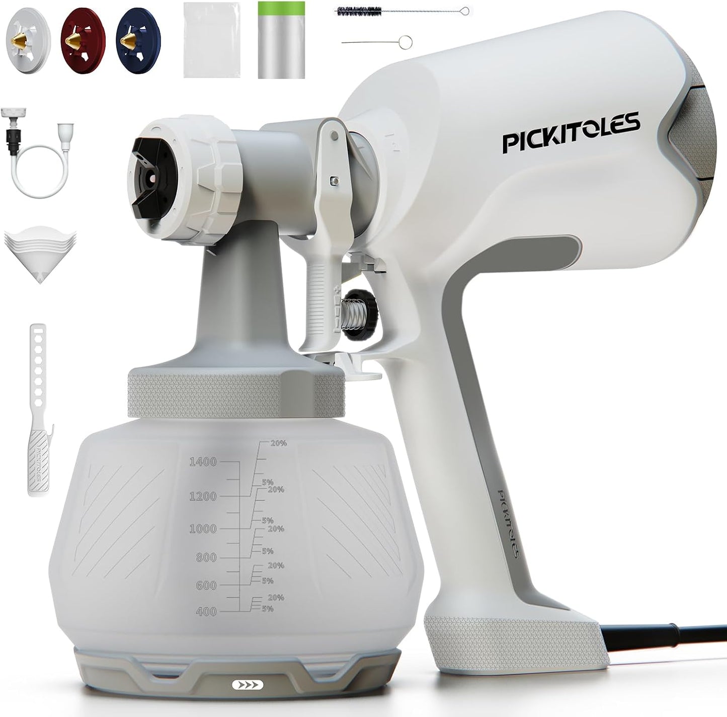 PICKITOLES Paint Sprayer,HVLP Paint Sprayer,Electric Spray Gun with 3 Patterns & 1400ML,for Latex Paint,Stain,Furniture,Cabinet,Wall,House Painting,Garden & DIY,Complete Cleaning Kit,Lunar Grey