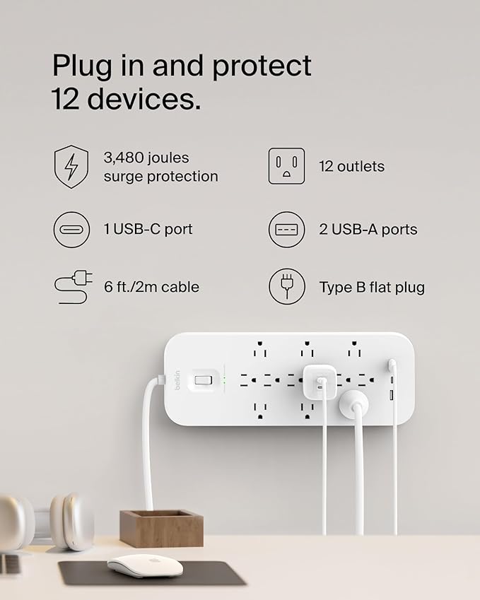 Belkin 12-Outlet Surge Protector Power Strip w/ 12 AC Outlets, 2 USB-A Ports - Image 2