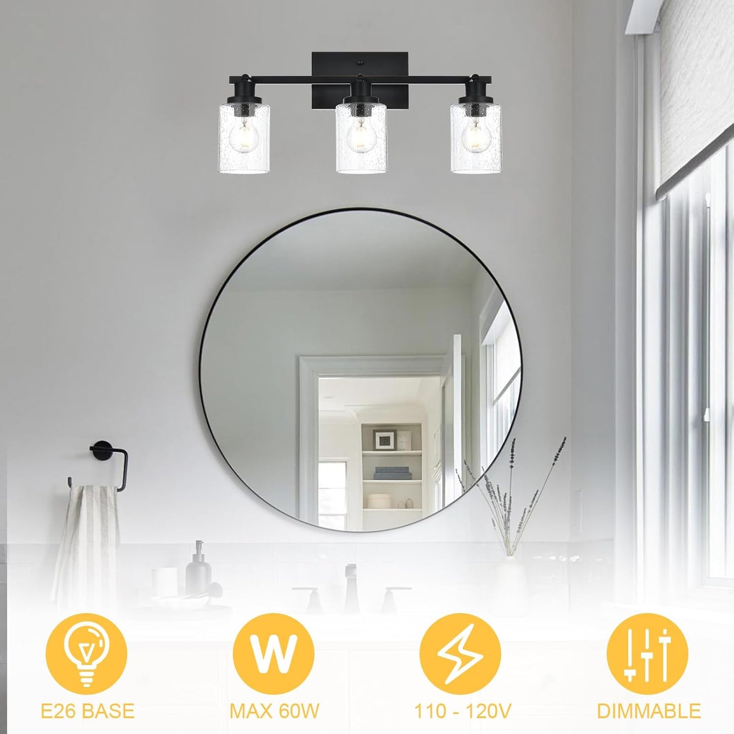 3-Light Black Track Lighting Kit Ceiling Mount Kitchen Track Lighting Fixtures, Bathroom Ceiling Tracking Vanity Light with Bubble Seeded Glass Shade & Rotatable Tracking Heads for Accent Shop
