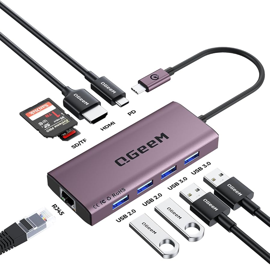 QGeeM USB C Hub Ethernet, 9 in 1 USB Type C Hub HDMI Multi-Port Converter by Redaw