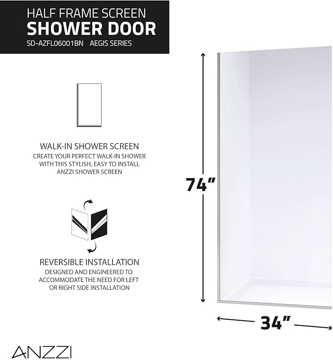 ANZZI 74 X 34 Inch Frameless Fixed Glass Shower Screen Shower Door in Brushed - Image 3