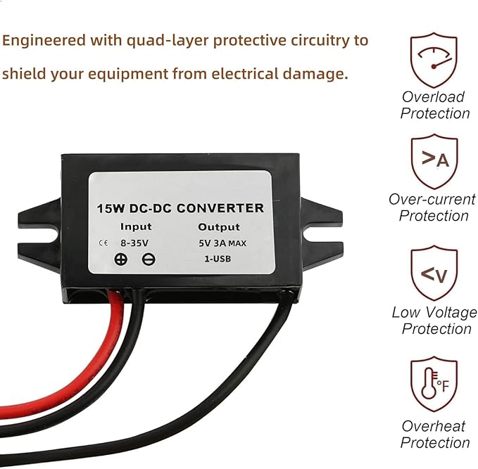 2-Pack Waterproof IP68 DC-DC Buck Converter, 12V/24V to 5V 3A Step Down Voltage - Image 3