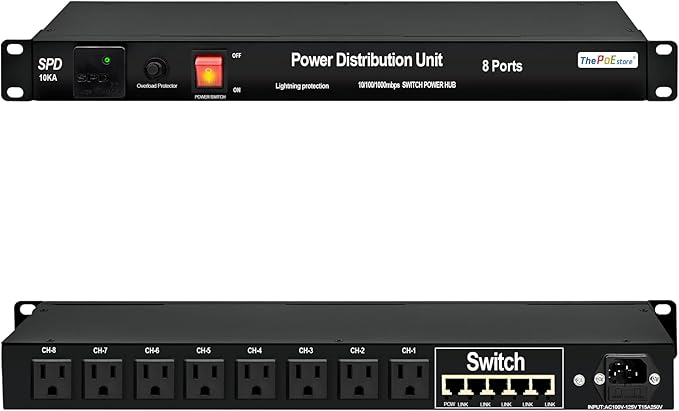 1U PDU Rack Mount Power Surge Protection, 8 NEMA 5-15R Outlets & 5-Port Gigabit by ThePoEstore
