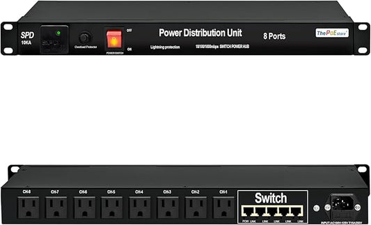 1U PDU Rack Mount Power Surge Protection, 8 NEMA 5-15R Outlets & 5-Port Gigabit by ThePoEstore