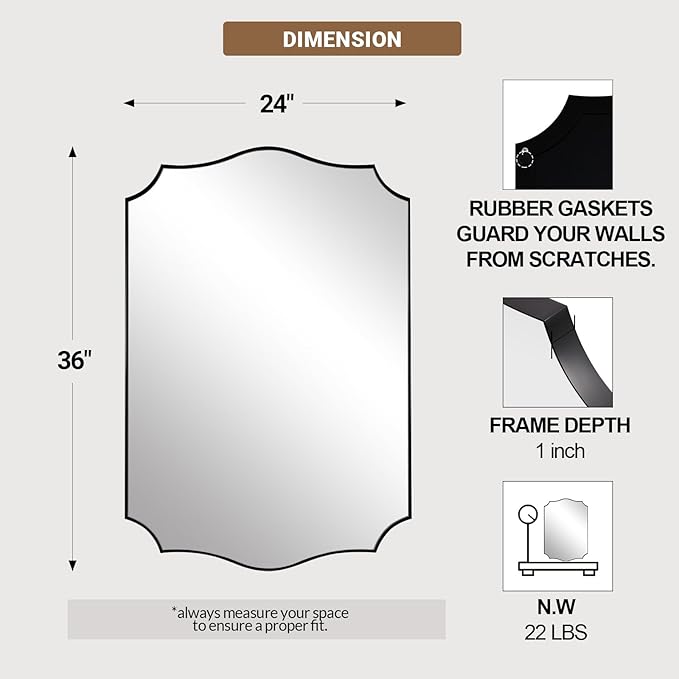 ANDY STAR Matte Black Mirror, 24x36 Inch Scalloped Bathroom Mirror, Unique Wavy - Image 2