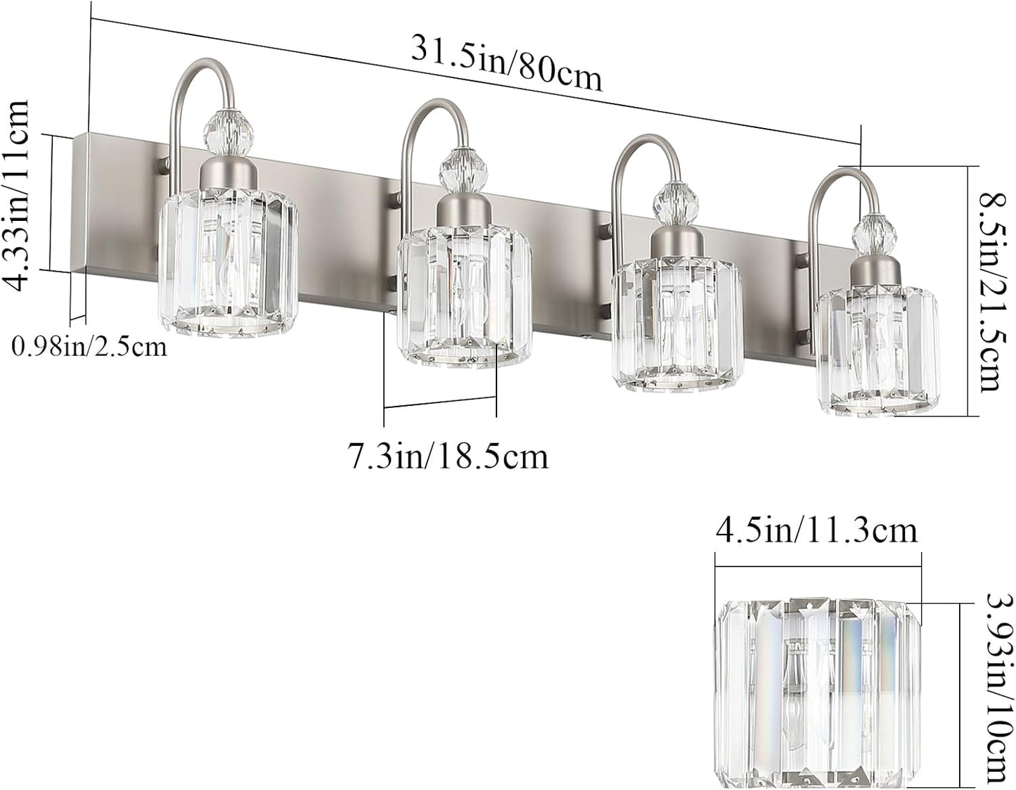 Ralbay 4-Light Crystal Vanity Light for Bathroom Brushed Nickel Modern Bathroom Light Fixtures