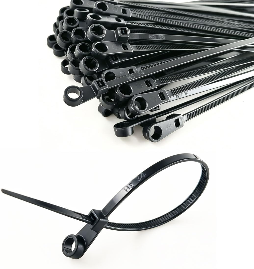 HS Plastic Ties with Screw Holes (500 Pack) 7.5 Inch Mount Head Electrical Zip Ties 50 LBS,UV Black